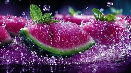 Canvas Print -   A watermelon feast atop the table, surrounded by juicy slices and verdant leaves