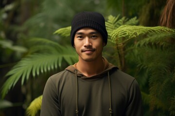 Wall Mural - Portrait of a tender asian man in his 20s dressed in a warm ski hat over lush tropical rainforest