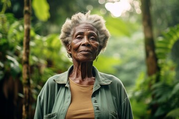 Canvas Print - Portrait of a content afro-american elderly woman in her 90s sporting a technical climbing shirt isolated in lush tropical rainforest