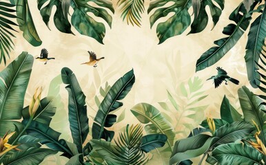 Wall Mural - Tropical leaves, exotic birds, nature background, green foliage, serene atmosphere, botanical illustration, plant design, natural beauty, tropical paradise, lush environment, vibrant colors