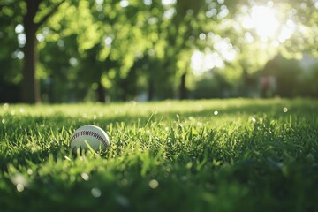 Canvas Print - A single baseball sits atop a vibrant, green grassy surface