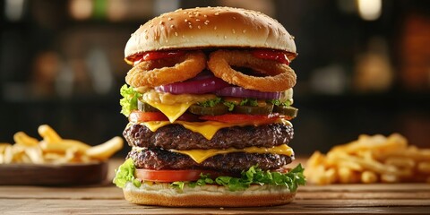 Canvas Print - A juicy burger topped with crispy onion rings and fresh lettuce, ready to be devoured