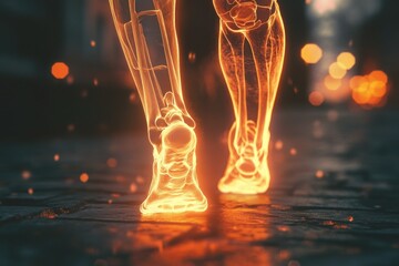 Sticker - A close-up view of a person's legs showing glowing bones, great for medical or sci-fi illustrations