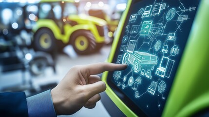 Poster - A hand interacting with a touchscreen display showing tractor controls and data, symbolizing innovation and technology in modern agriculture, Generative AI