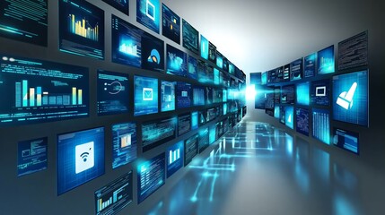 Leinwandbilder - A hallway lined with digital screens displaying data and analytics, representing the flow of information in a futuristic, high-tech environment, Generative AI