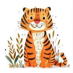 Poster - Tiger in boho naive funky art illustrated wildlife.