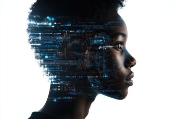 Canvas Print - A close-up photo of a woman's profile with a digital image of her face, suitable for use in technology and innovation-related contexts