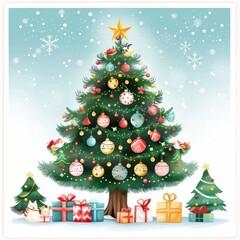 Sticker - Kawaii Christmas Tree with Colorful Ornaments and Gifts