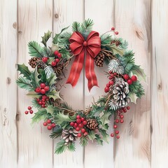 Sticker - Beautifully Decorated Christmas Wreath on Wood Background