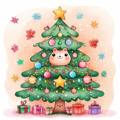 Sticker - Kawaii Christmas Tree with Adornments and Gifts