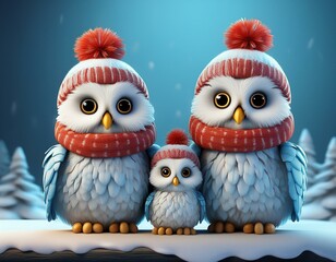 Wall Mural - Cute Cartoon Snow Owl Family Wearing Hat and Scarfs