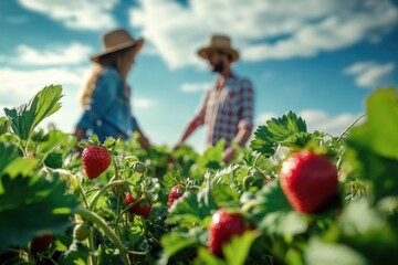 Canvas Print - A couple stands together amidst a lush strawberry field