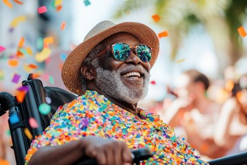 Sticker - A person celebrating in a wheelchair, surrounded by confetti