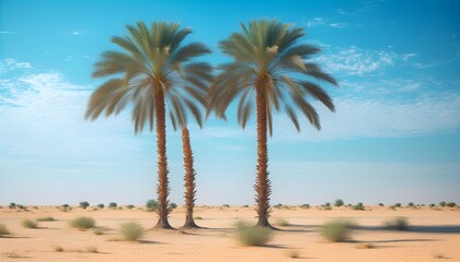 Wall Mural - Serene desert landscape featuring two majestic palm trees beneath a vivid blue sky