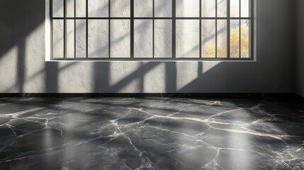 black countertop displayed against a white wall showcasing an empty marble tabletop with soft window shadow overlays providing an aesthetic backdrop for product presentations or food designs