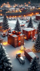 Wall Mural - Magical miniature winter wonderland with shipping containers transformed into festive gifts, surrounded by snowy pine trees and twinkling lights.