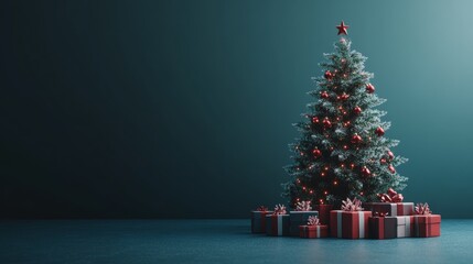 decorated christmas tree with gifts on blue background festive lights