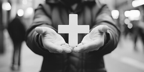 A person holding a cross in their hands, suitable for faith-based or symbolic contexts