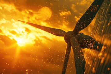 Wall Mural - A close-up view of a wind turbine on a cloudy day, ideal for use in environmental or industrial contexts