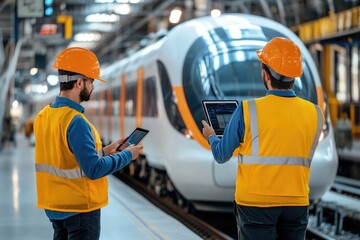 Wall Mural - Two workers in safety vests inspecting the exterior of a train