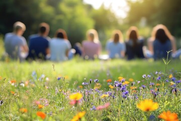 Sticker - Group of people enjoying nature in a beautiful flower field