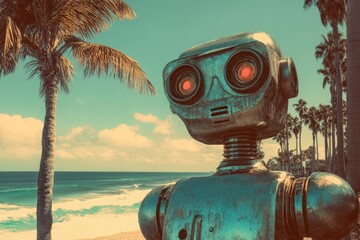 Wall Mural - A robot stands on the beach next to a palm tree, with clear blue water and sun shining in the background