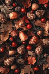 Canvas Print - A pile of leaves with a bunch of acorns sitting on top