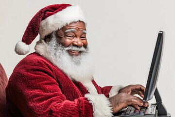 Canvas Print - A jolly old elf typing away on his laptop, maybe checking his naughty or nice list