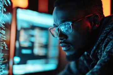 Canvas Print - A person wearing glasses works on a laptop or desktop computer