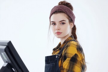 Canvas Print - A woman wearing overalls and a headband stands in front of a computer, focused on her task