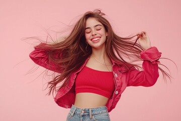 Canvas Print - A woman poses for a photo wearing a red top and jeans, smiling confidently