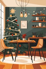 Wall Mural - Illustration of a modern and minimalist dining room with a minimalist Christmas tree, industrial-chic decorations, cartoon style, flat 