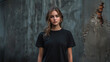 © Yuwarin - woman model wearing a black t-shirt in urban background