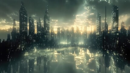 Wall Mural - A metropolis made of shining mirrors, with light bouncing in every direction, crafting a stunning and surreal urban landscape of reflections.