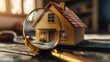 © P.G - Small house model under close examination with a magnifying glass, representing real estate evaluation and debt, no people.