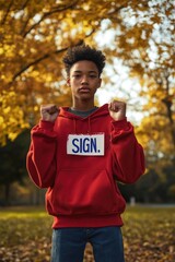 Wall Mural - A young man posing for a photo wearing a bright red hoodie