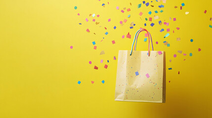 shopping bag with confetti on a yellow background