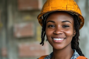 Poster - A woman wearing a hard hat and a plaid shirt, typical work attire for a construction worker