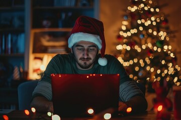 Canvas Print - A person wearing a Santa Claus hat is sitting in front of a laptop, possibly working or browsing the internet