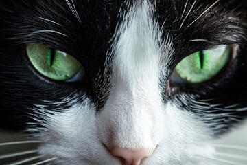 Wall Mural - A black and white domestic cat with striking green eyes