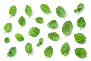 Poster - A bunch of fresh mint leaves arranged on a clean white surface