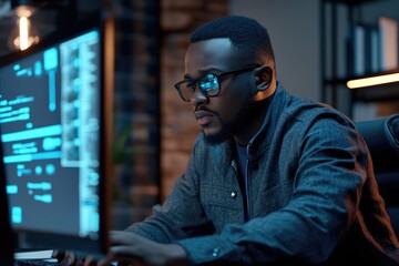 Poster - A person sitting in front of a computer screen with a focused expression