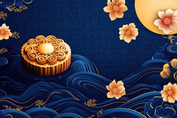 Wall Mural - A delicious moon cake on a bright blue background surrounded by beautiful flowers, great for food and holiday-themed images