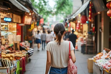 A woman walking down the street past a bustling market scene