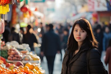 Sticker - A woman standing in front of a colorful fruit stand with various fruits and vegetables displayed