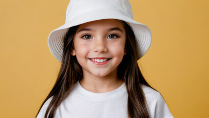 Little girl wearing white t-shirt and white bucket hat isolated on yellow background