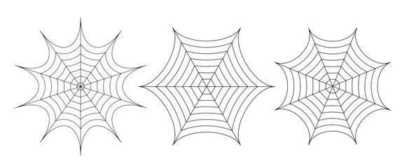Isolate Spider Web vector set design on white background, Black Horror graphic symbol, elements, Gothic decoration, Spookt clip art for Halloween, Banner (Editable)