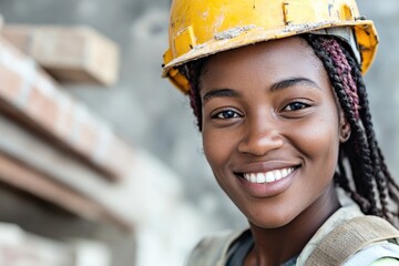 Canvas Print - A woman wearing a hard hat and smiling at the camera, on a construction site