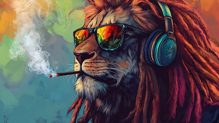 A cool lion wearing sunglasses, headphones, and smoking a cigarette with a colorful background.