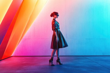 Poster - A woman poses in front of a vibrant and textured wall, great for use as a background or accent